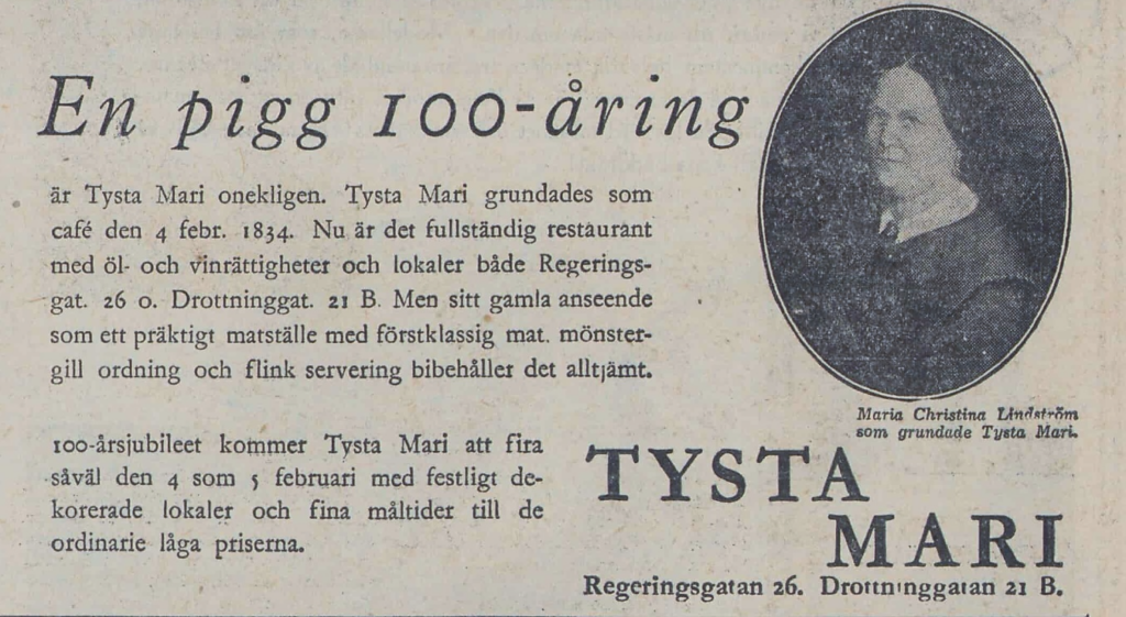 Annons Tysta Mari 100 år